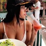 Madison Beer having green salad and juice