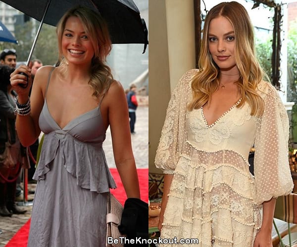 Margot Robbie boob job before and after comparison photo